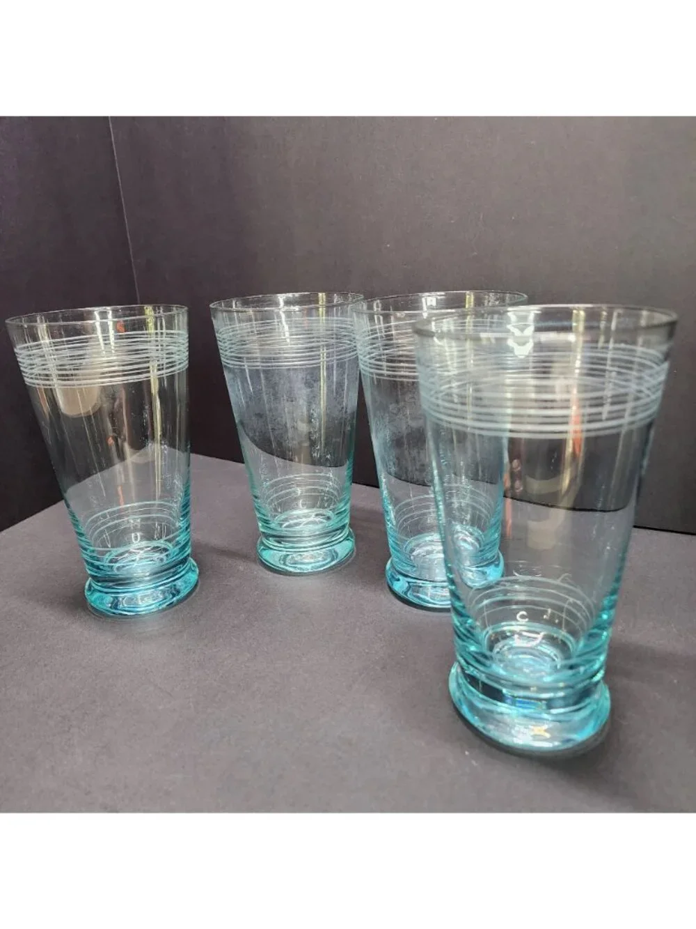 Vintage Icy Blue Etched Banded Glasses Tumbler 7